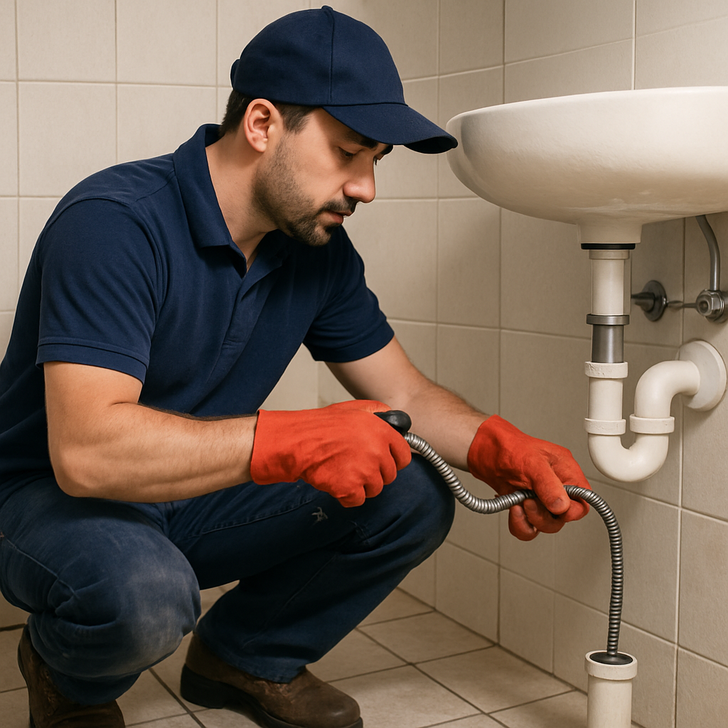 Professional plumber cleaning a drain pipe